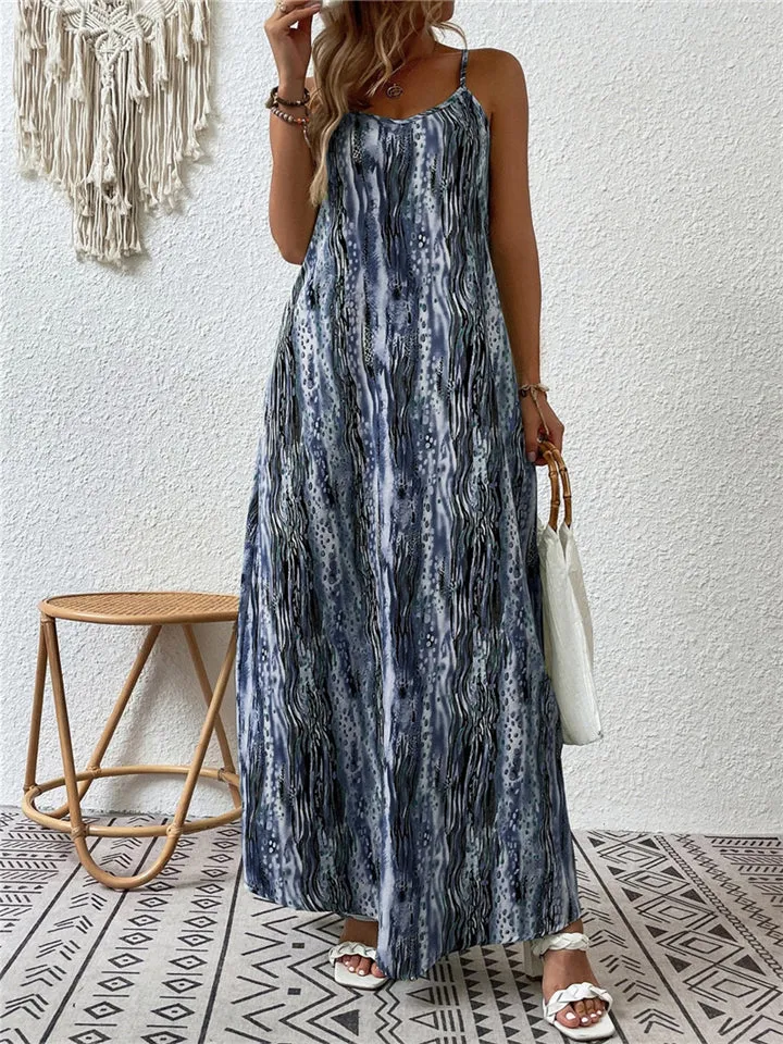 Bohemian U Neck Spaghetti Strap Printed Vacation Dress for Women
