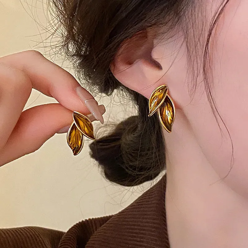 Brown Leaf Geometry Stud Earrings - Trendy Metal Plant-Inspired Push-Back Studs