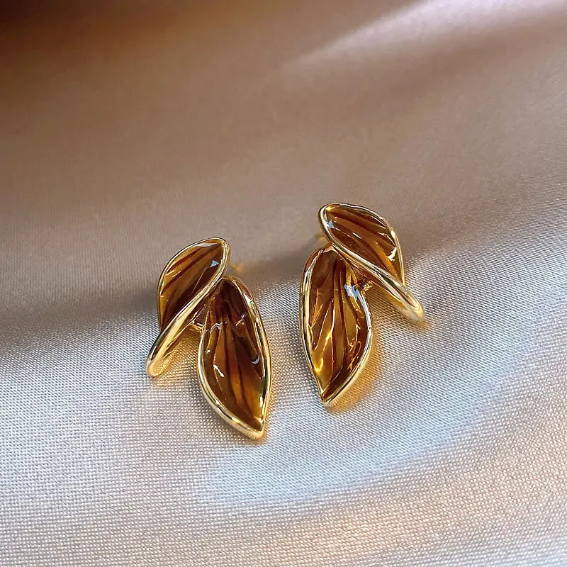 Brown Leaf Geometry Stud Earrings - Trendy Metal Plant-Inspired Push-Back Studs