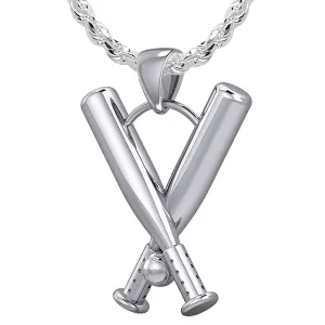 Large Solid 3D 925 Sterling Silver Double Baseball Bat Sport Pendant Necklace, 28mm