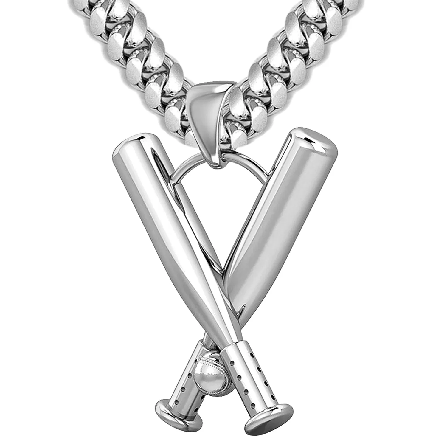 Large Solid 3D 925 Sterling Silver Double Baseball Bat Sport Pendant Necklace, 28mm