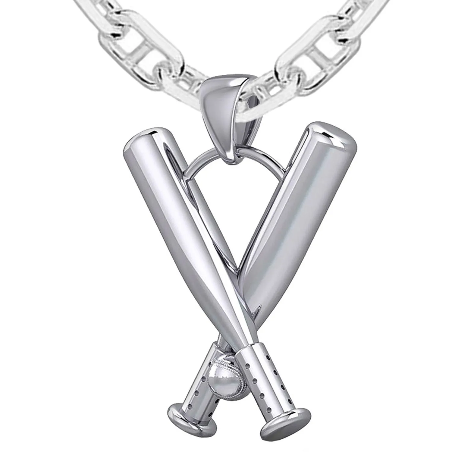 Large Solid 3D 925 Sterling Silver Double Baseball Bat Sport Pendant Necklace, 28mm