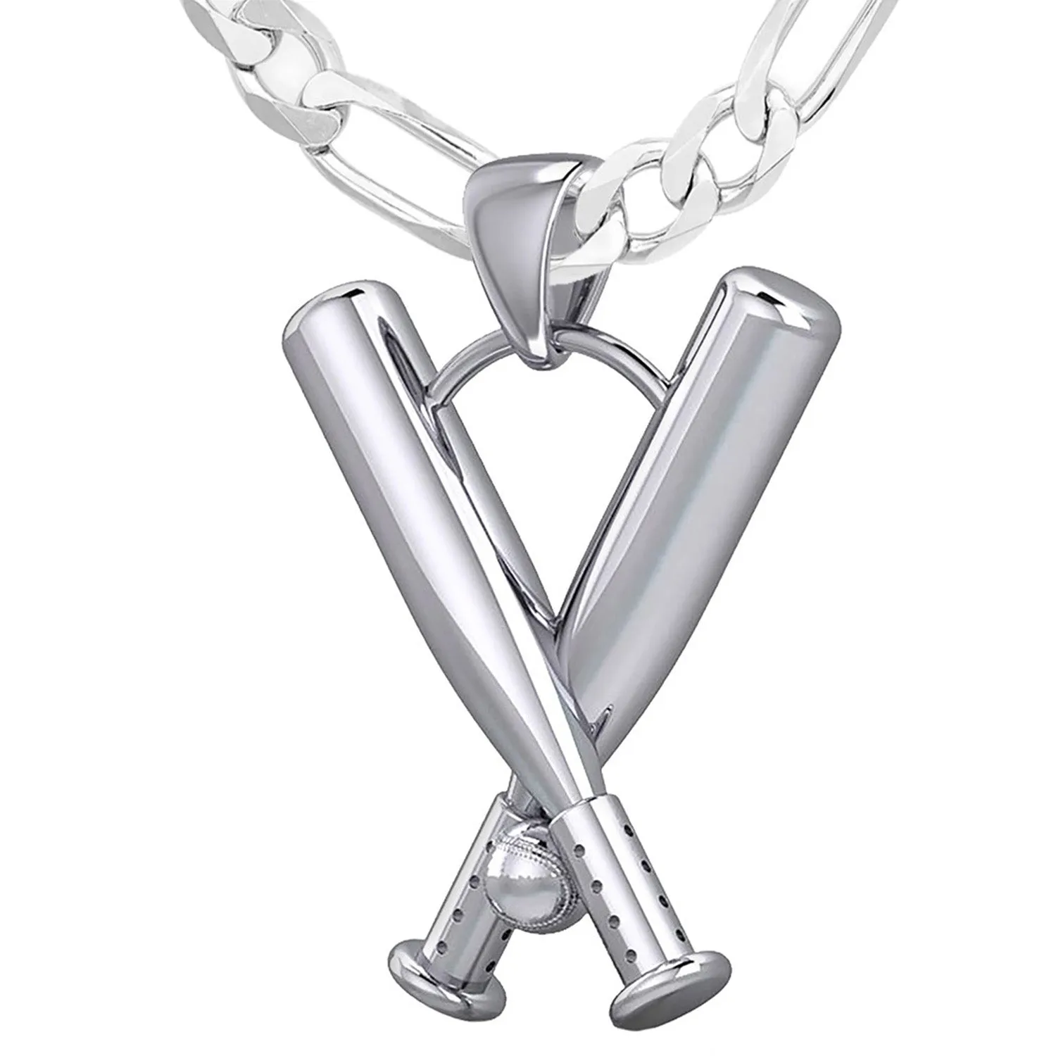 Large Solid 3D 925 Sterling Silver Double Baseball Bat Sport Pendant Necklace, 28mm