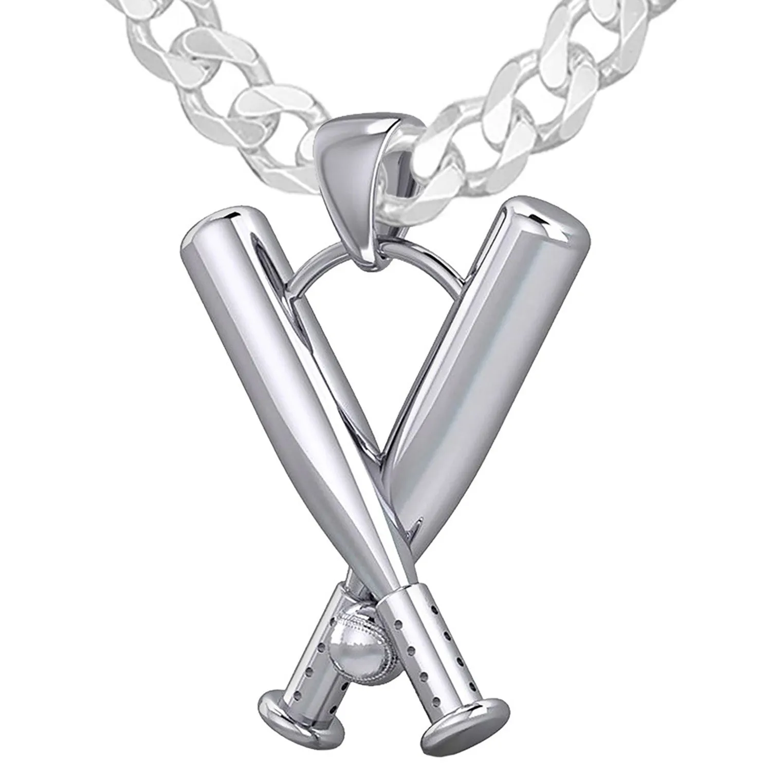 Large Solid 3D 925 Sterling Silver Double Baseball Bat Sport Pendant Necklace, 28mm