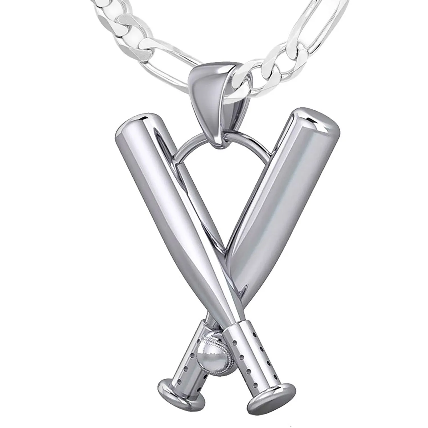 Large Solid 3D 925 Sterling Silver Double Baseball Bat Sport Pendant Necklace, 28mm