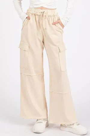 Mineral Wash Elastic Waist Wide Leg Cargo Pants in Oatmeal