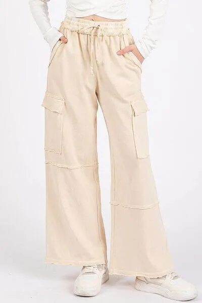 Mineral Wash Elastic Waist Wide Leg Cargo Pants in Oatmeal