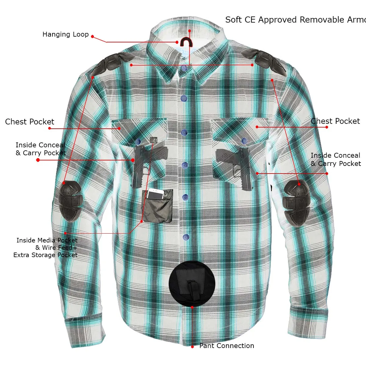 MPM1626 Men's Plaid Flannel Biker Shirt with CE Approved Armor - Reinforced w/ Aramid Fiber