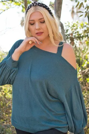Plus Size Solid Hacci Brush Cold Shoulder Top-Hunter Green