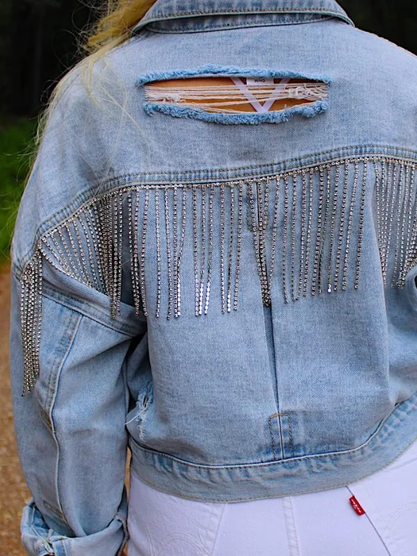 Reesey B Rhinestone Fringe Jean Jacket, Denim