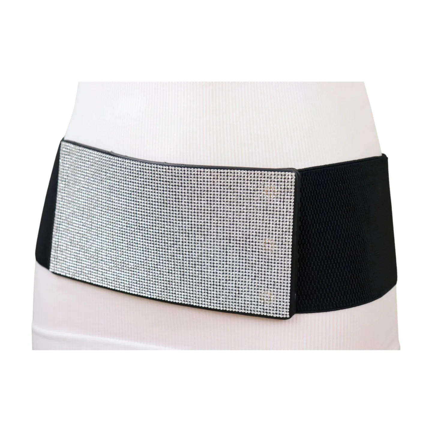 Women Wide Black Stretch Band Fashion Belt Silver Rhinestones Fit Size S M