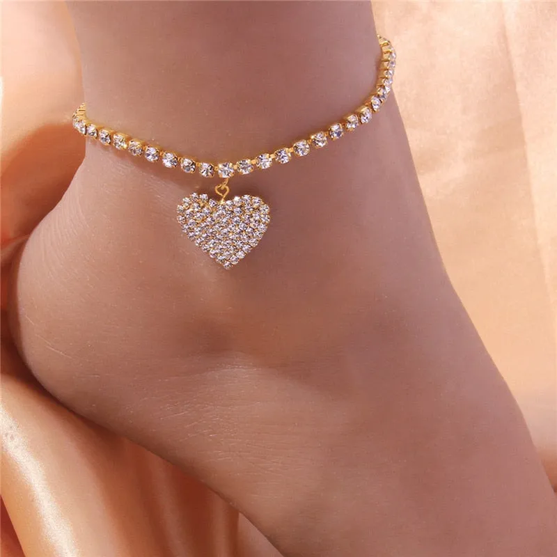 Women's Sparkling Rhinestone Heart Anklet